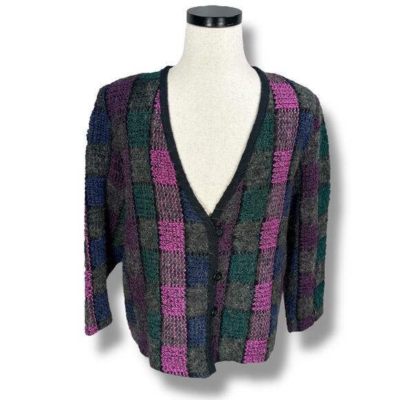 Vintage Koret Cardigan Sweater Womens 20W Pink Purple Gray Check Mohair Blend - Picture 1 of 9